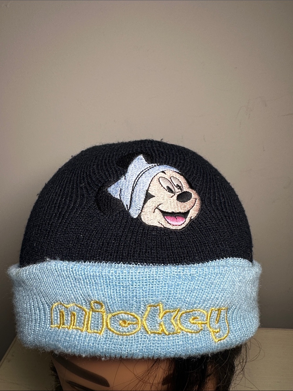 Mickey Knit Beanie Hat in Black and Light Blue